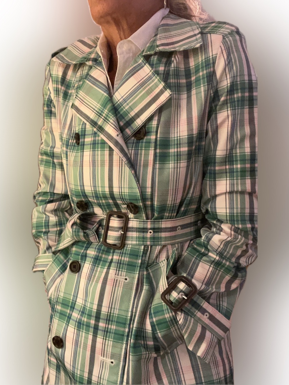 On 34th Plaid Double-Breasted Trench Coat in Green & Cream